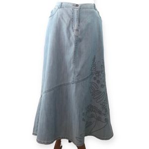 Lanalee Light Blue Chambray Floral Embroidered Midi Skirt Size 12
